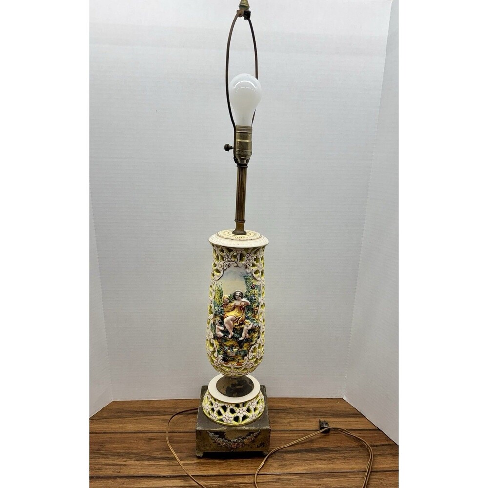 Vintage Capodimonte Style Porcelain Lamp Painted Classical Scene Italy